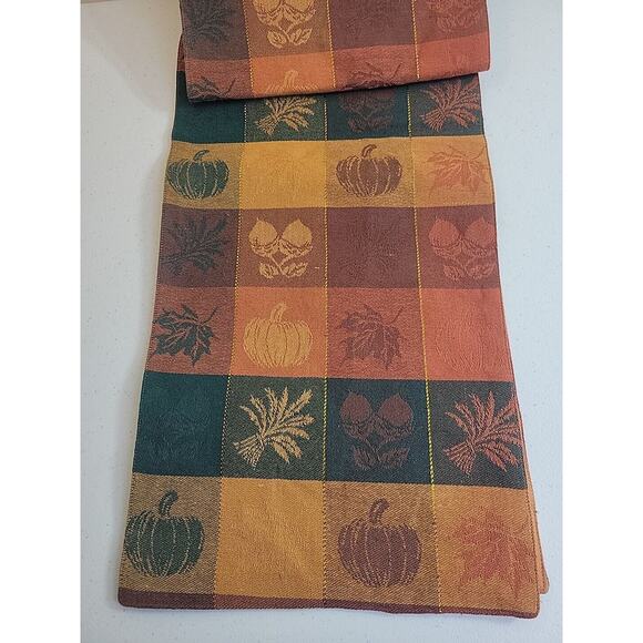 Table Runner Autumn Leaves Pumpkins Check Festive Thanksgiving Linens 70"x13" - Picture 3 of 9